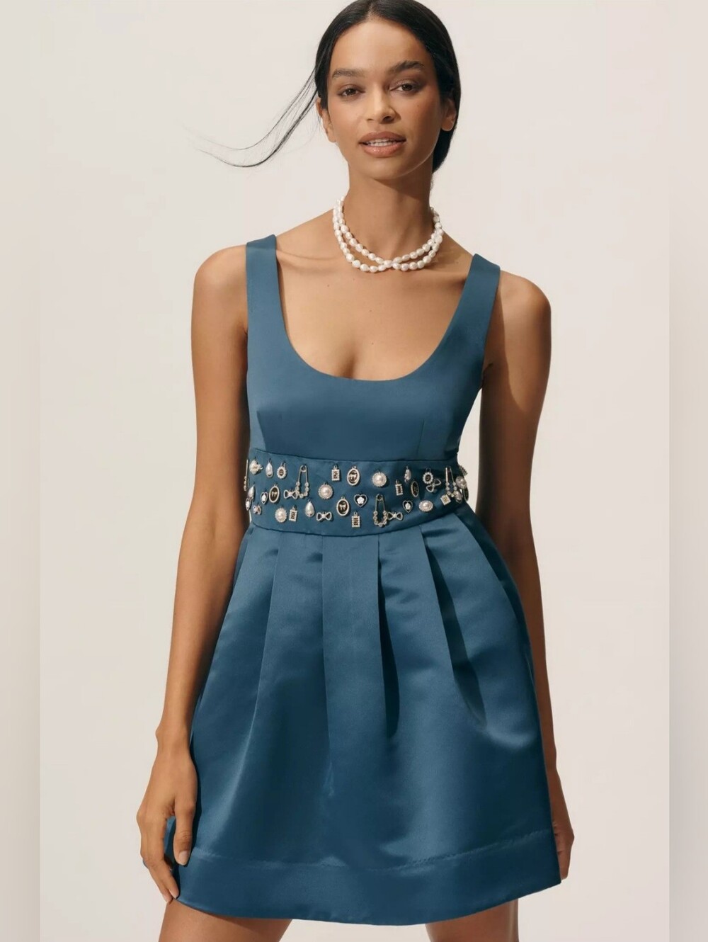 Anthropologie's Maeve Dusty Teal Homecoming Winter Formal Charm Waist Mini Dress